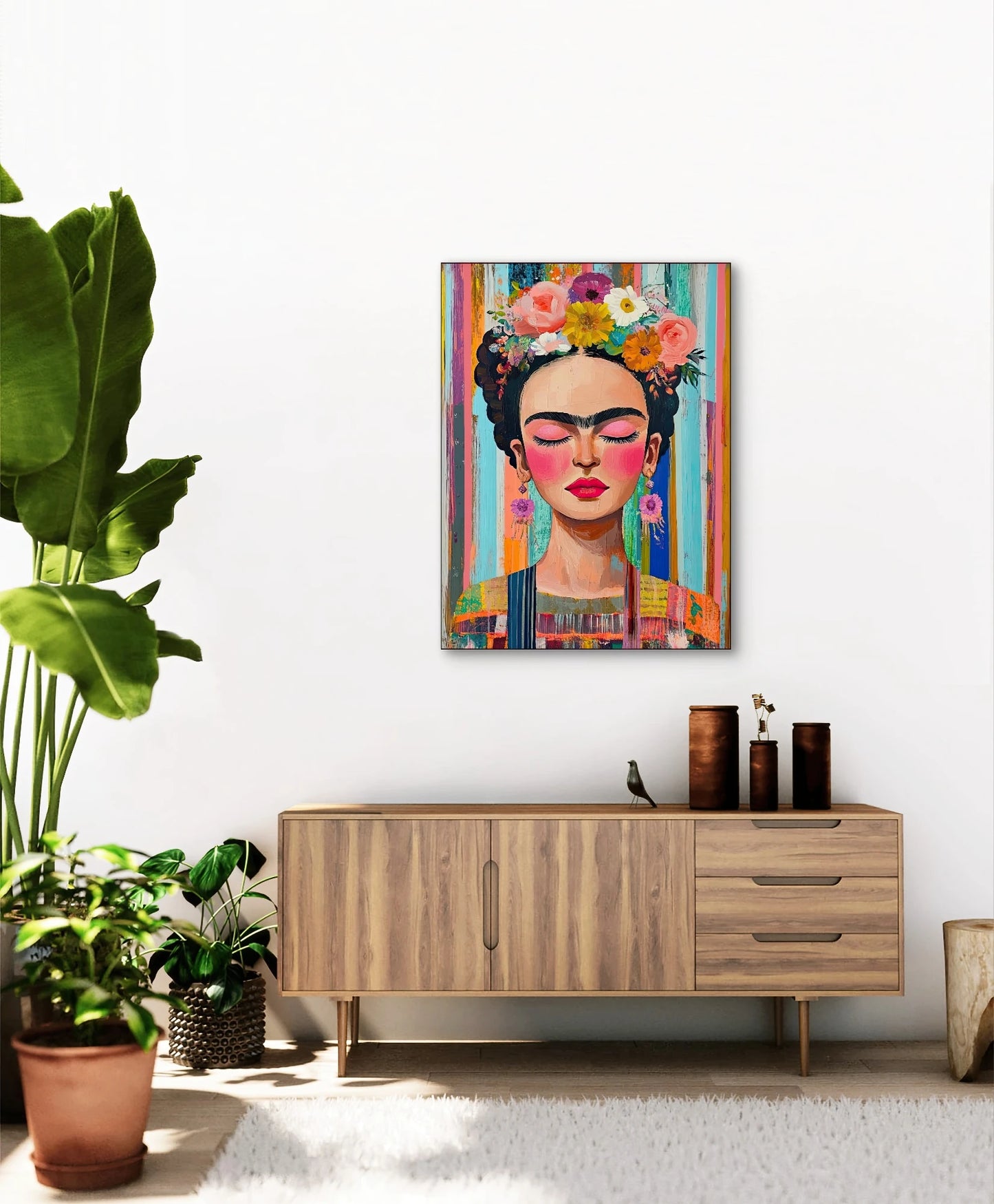 Textielkunstwerk Painted Reverie boven een houten kast in een lichte kamer met grote groene planten
