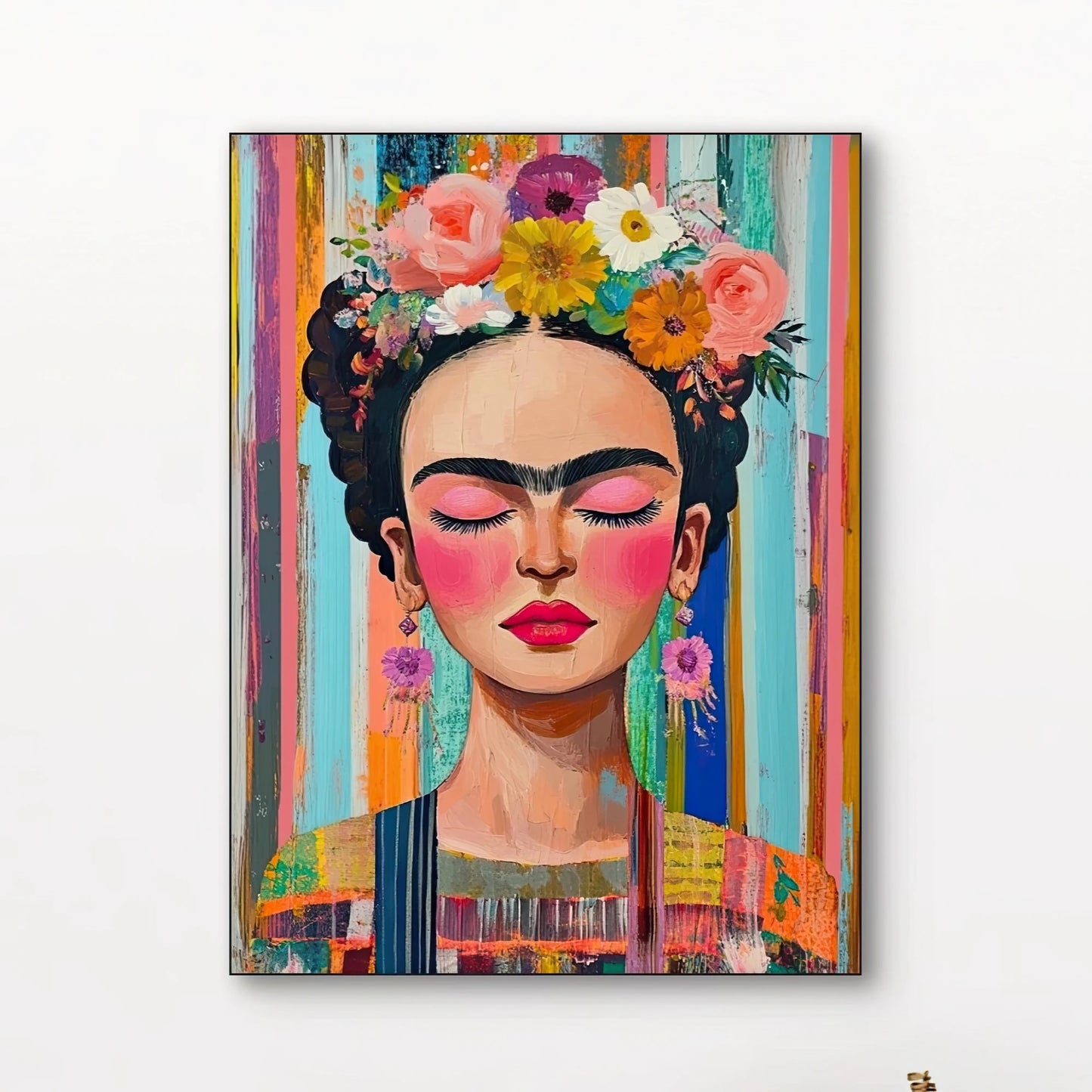 Detail van Painted Reverie met vrouw, gesloten ogen, bloemenkroon en kleurrijke penseelstreken
