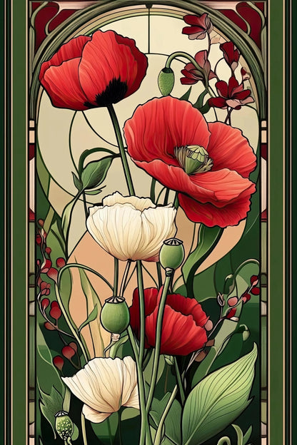 Volledige weergave van het kunstwerk “Papaverglas” met papavers in art nouveau stijl
