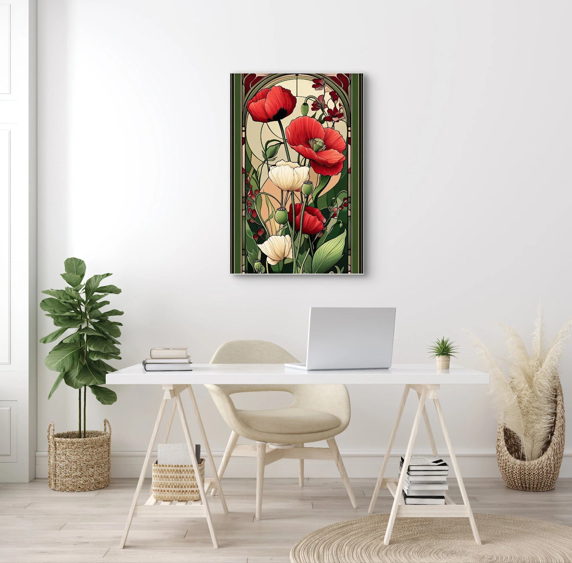 Kunstwerk “Papaverglas” boven een wit bureau met laptop, plant en natuurlijke accenten in een lichte werkruimte
