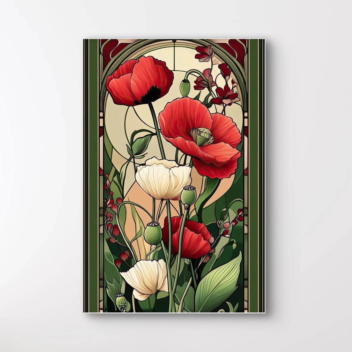Detail van rode en witte papavers in het kunstwerk “Papaverglas” met sierlijke glas-in-lood omlijsting
