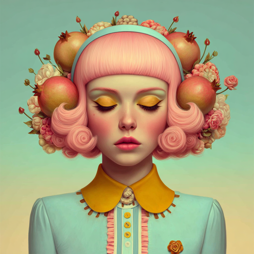 Volledige weergave van Perluna, portretkunst met roze en turquoise kleuren en serene uitstraling
