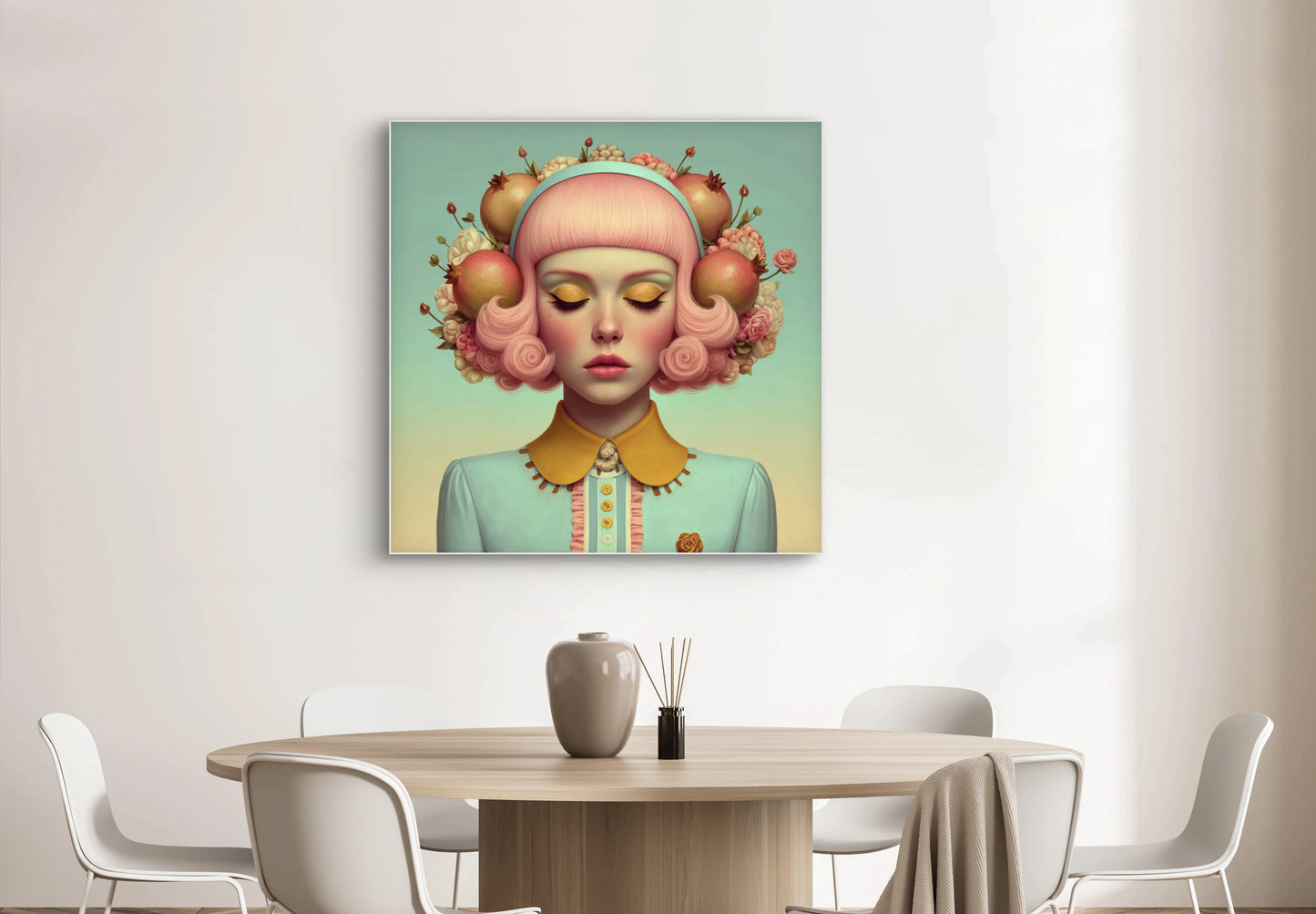 Perluna wandkunst in modern interieur met pastelkleuren en zachte lichtinval
