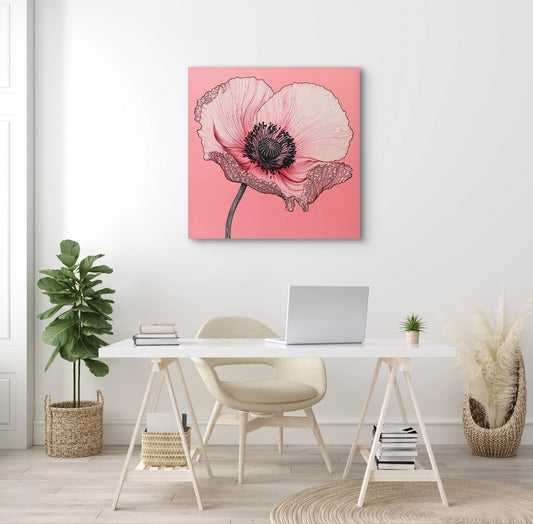 Kunstwerk van een roze papaver aan de muur boven een wit bureau met laptop, plant en neutrale accessoires
