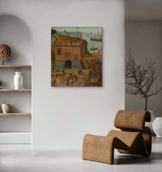 Schilderij De toren van Babel van Pieter Bruegel de Oude boven een minimalistisch interieur met leren loungestoel
