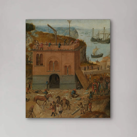 Detail van De toren van Babel met bouwers, schepen en stenen in het schilderij van Pieter Bruegel de Oude
