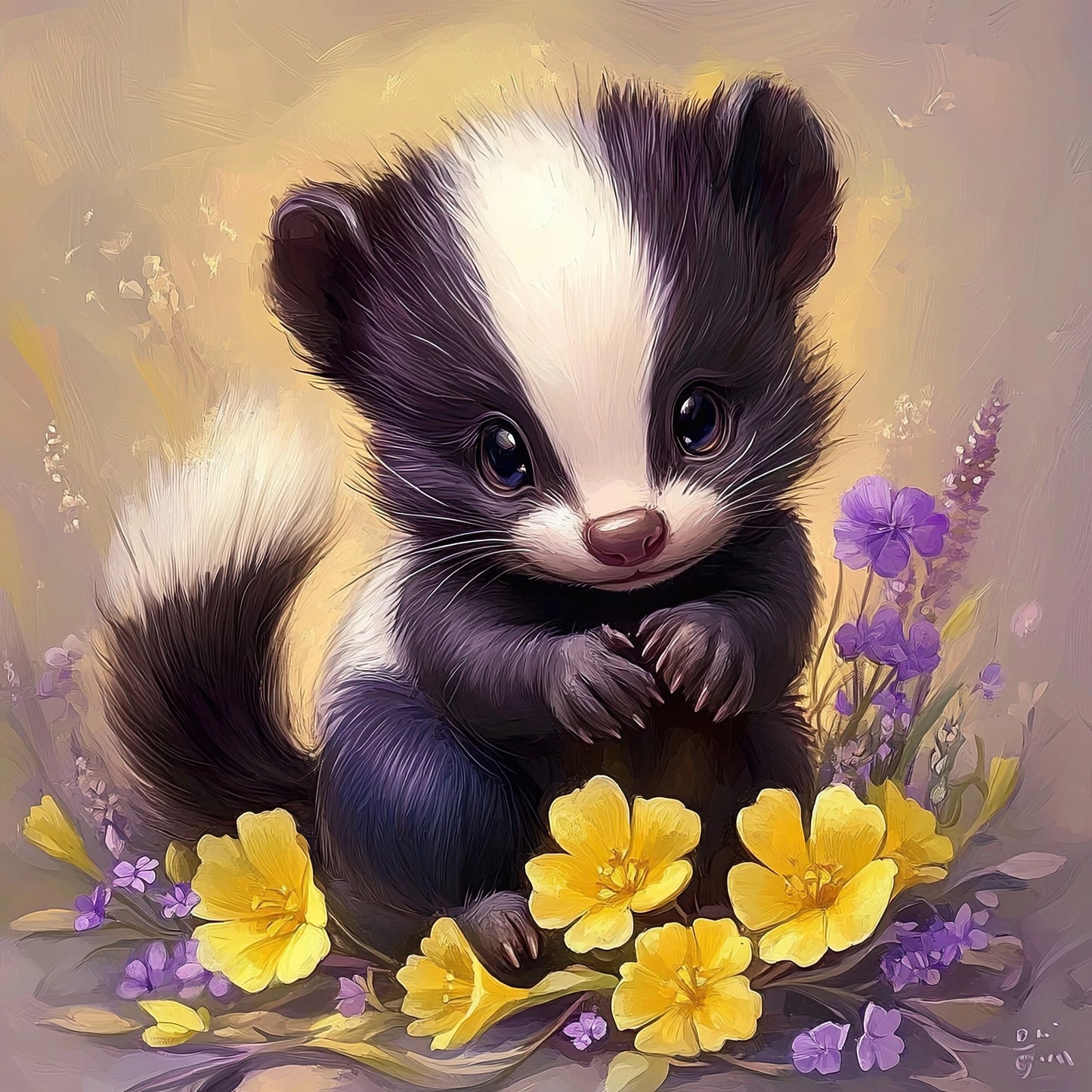 Illustratie van een schattige zwart-witte stinkdier omringd door paarse en gele bloemen, met warme sfeerverlichting  
