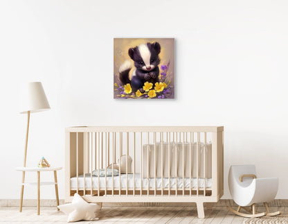 Moderne babykamer met beige wieg en kunstwerk van een schattige stinkdier tussen paarse en gele bloemen  
