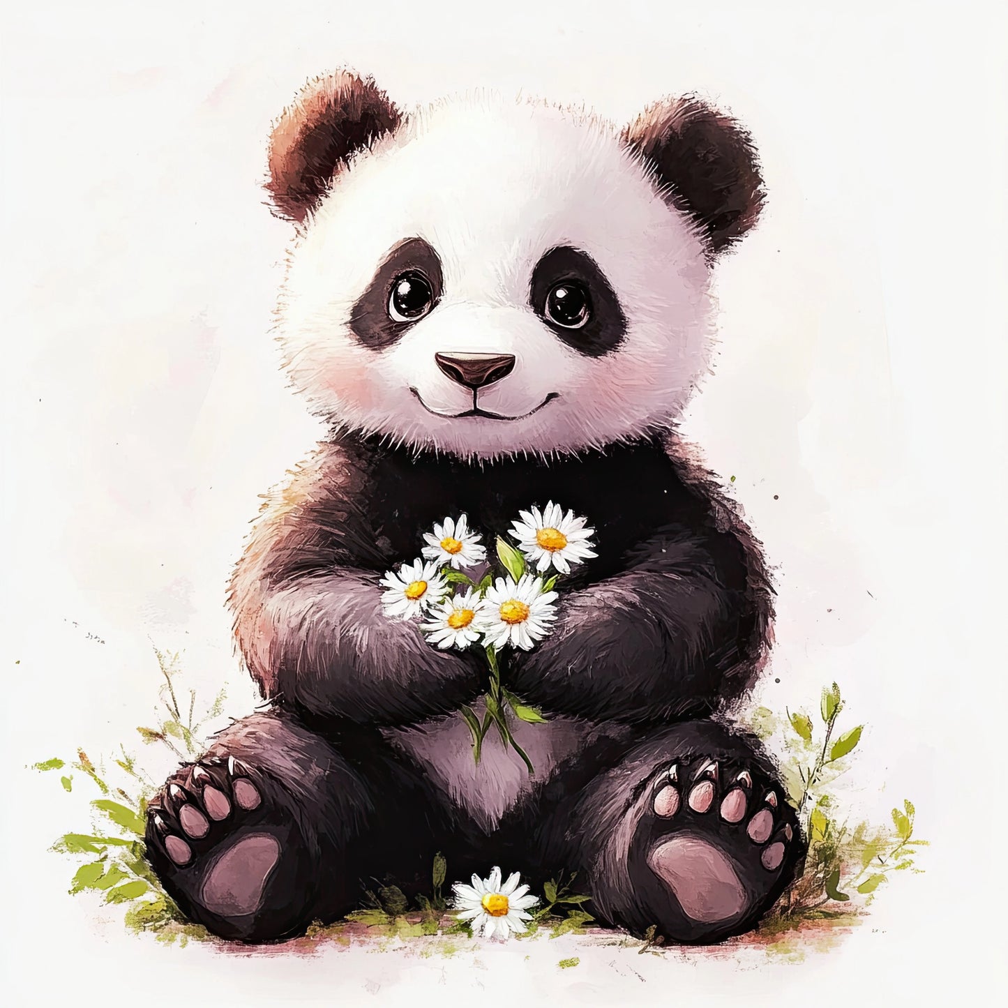 Illustratie van een zwarte en witte panda met bloemetjes, zittend op gras met een lichte achtergrond  
