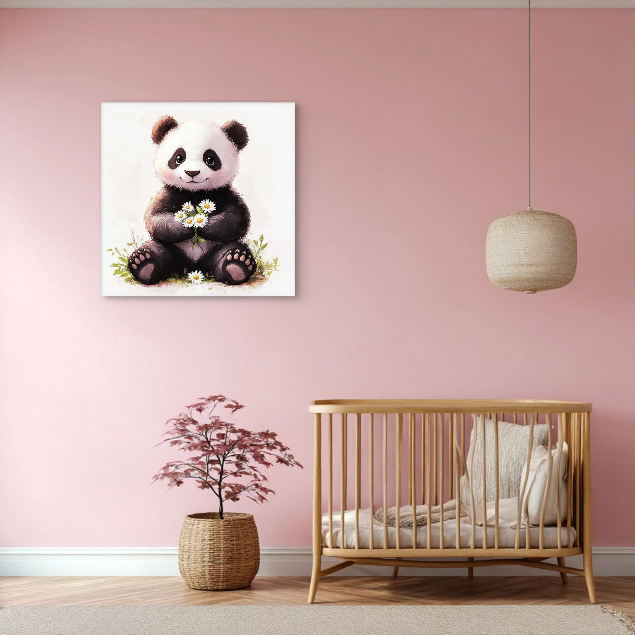 Babykamer met roze muur en kunstwerk van een zittende panda met madeliefjes boven een houten wieg  
