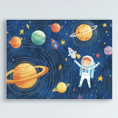 Detail van een kinderlijke astronaut met raket en sterren op een diepblauwe ruimte-achtergrond  
