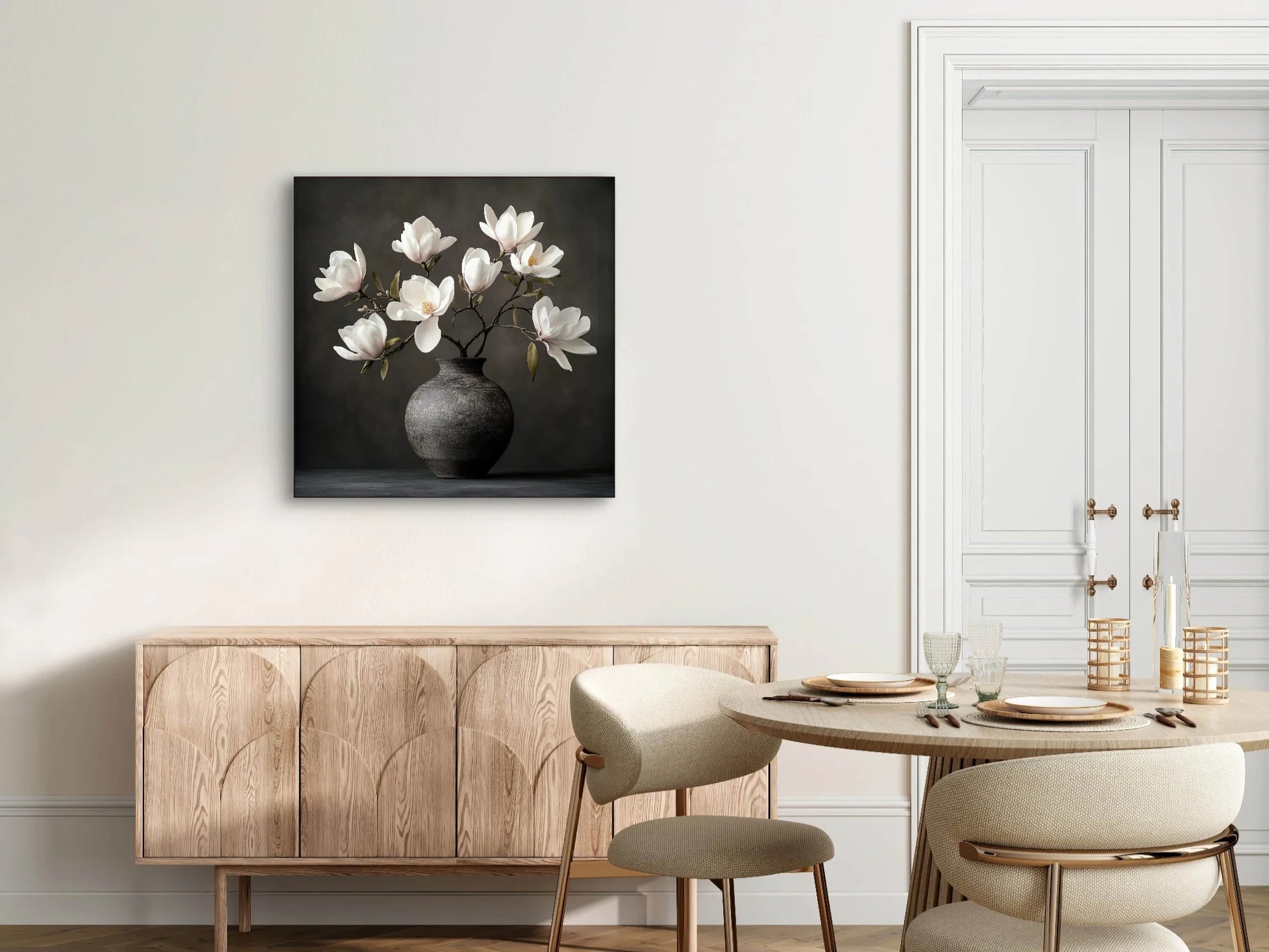 Kunstwerk “Poezie in Stilte” boven een lichte houten kast in een elegante eetkamer met ronde tafel
