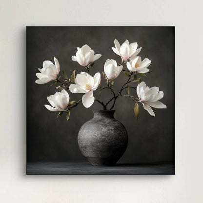 Detail van witte magnolia’s in het kunstwerk “Poezie in Stilte” met zachte penseelstreken en donkere achtergrond
