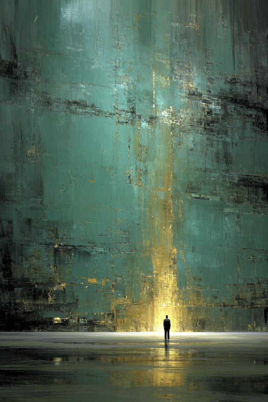 Abstract kunstwerk Poort van Licht met een silhouet in een gouden lichtstraal tegen een smaragdgroene achtergrond.
