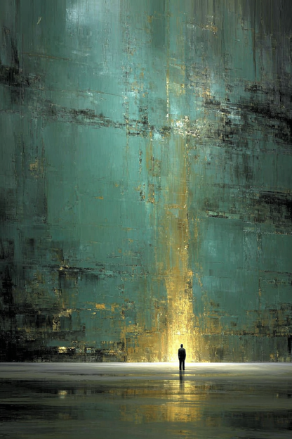 Abstract kunstwerk Poort van Licht met een silhouet in een gouden lichtstraal tegen een smaragdgroene achtergrond.
