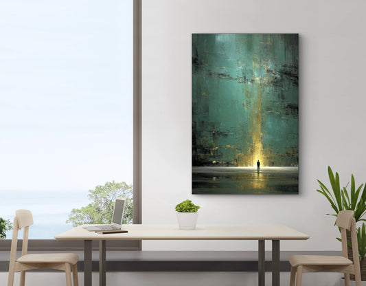 Kunstwerk Poort van Licht boven een moderne tafel met laptop en planten in een lichte ruimte.
