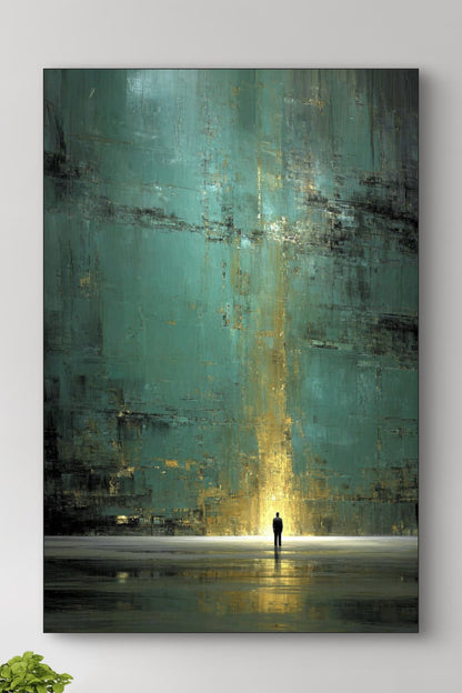 Detail van kunstwerk Poort van Licht met goud en smaragdgroene tinten en abstracte lichtstralen.
