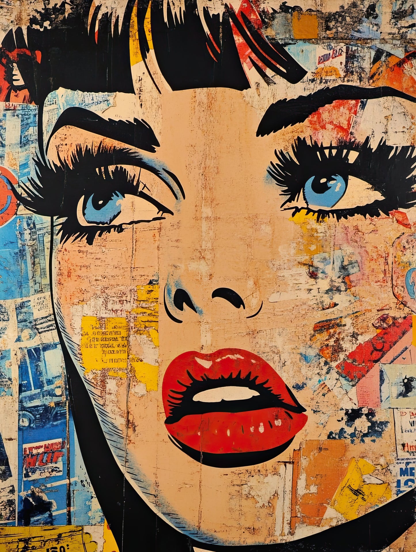 Volledige weergave van Pop Collage – vrouw in pop-art stijl met krantenstructuur en expressieve blik
