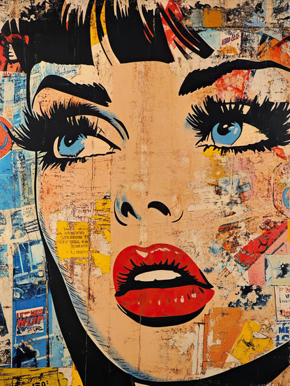 Volledige weergave van Pop Collage – vrouw in pop-art stijl met krantenstructuur en expressieve blik
