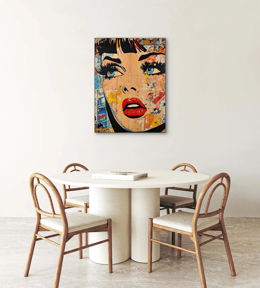 Textielkunstwerk Pop Collage boven een ronde witte eettafel met houten stoelen in een minimalistisch interieur
