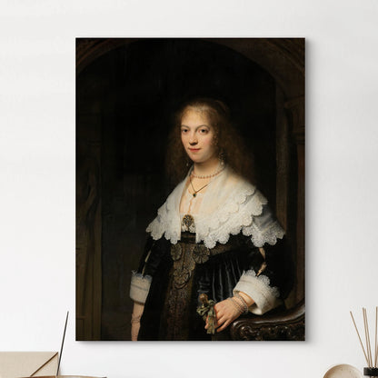 Volledige weergave van Portret van een vrouw (mogelijk Maria Trip) van Rembrandt met donkere achtergrond en rijke details
