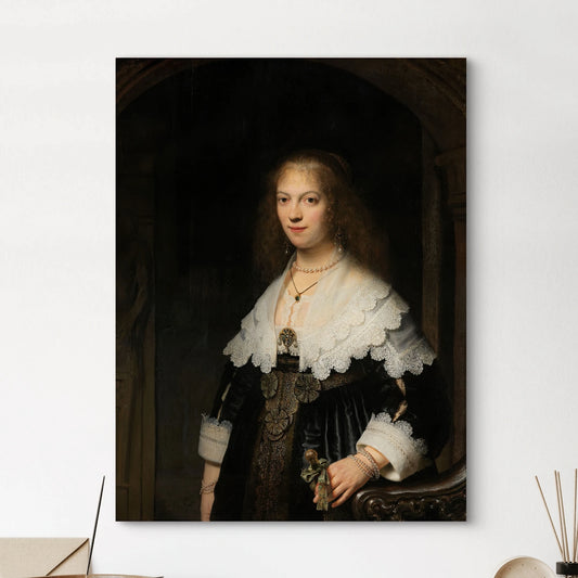 Volledige weergave van Portret van een vrouw (mogelijk Maria Trip) van Rembrandt met donkere achtergrond en rijke details
