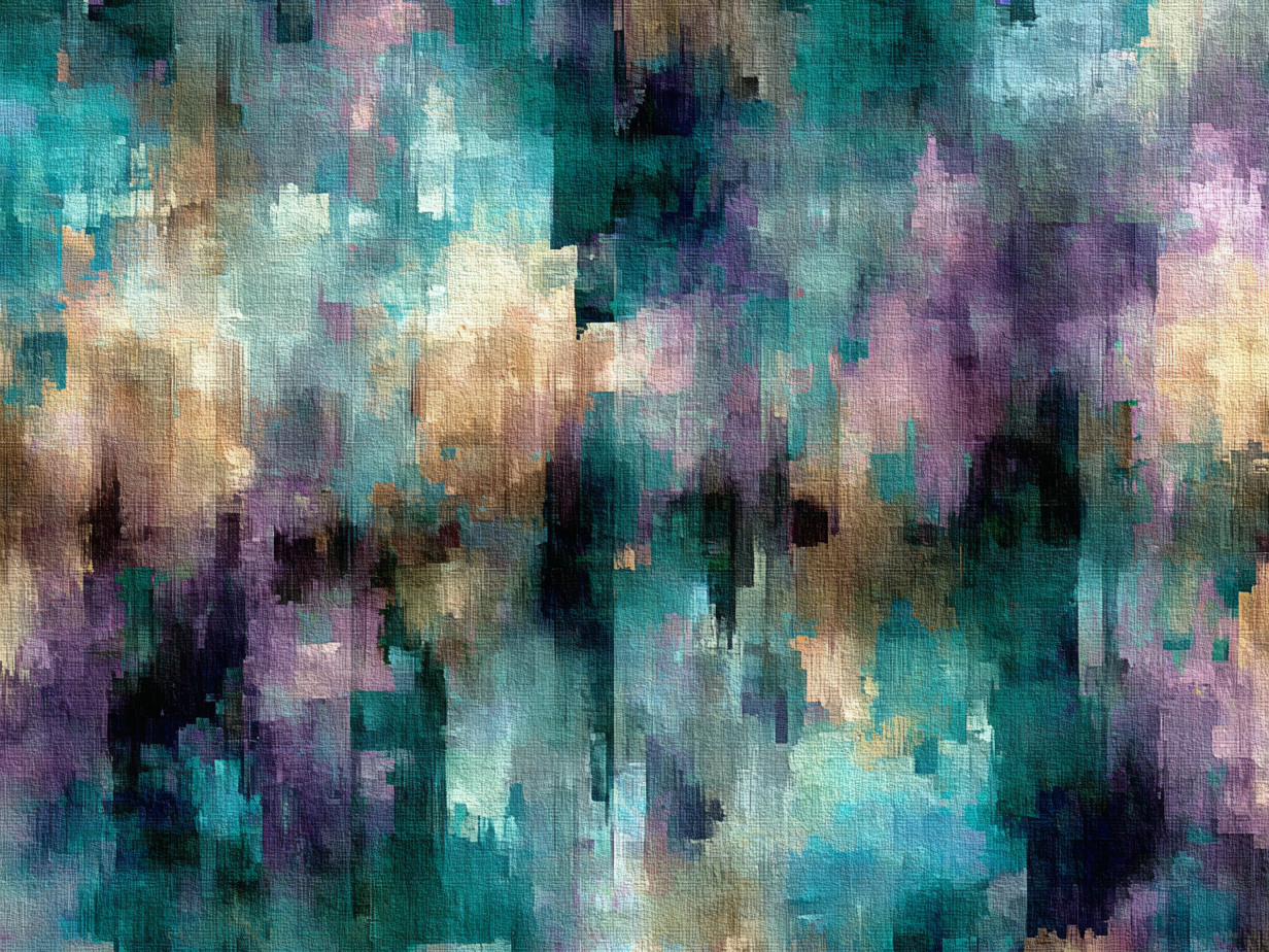 Abstract schilderij met samenspel van turquoise, paars en goud in zachte lichtreflecties
