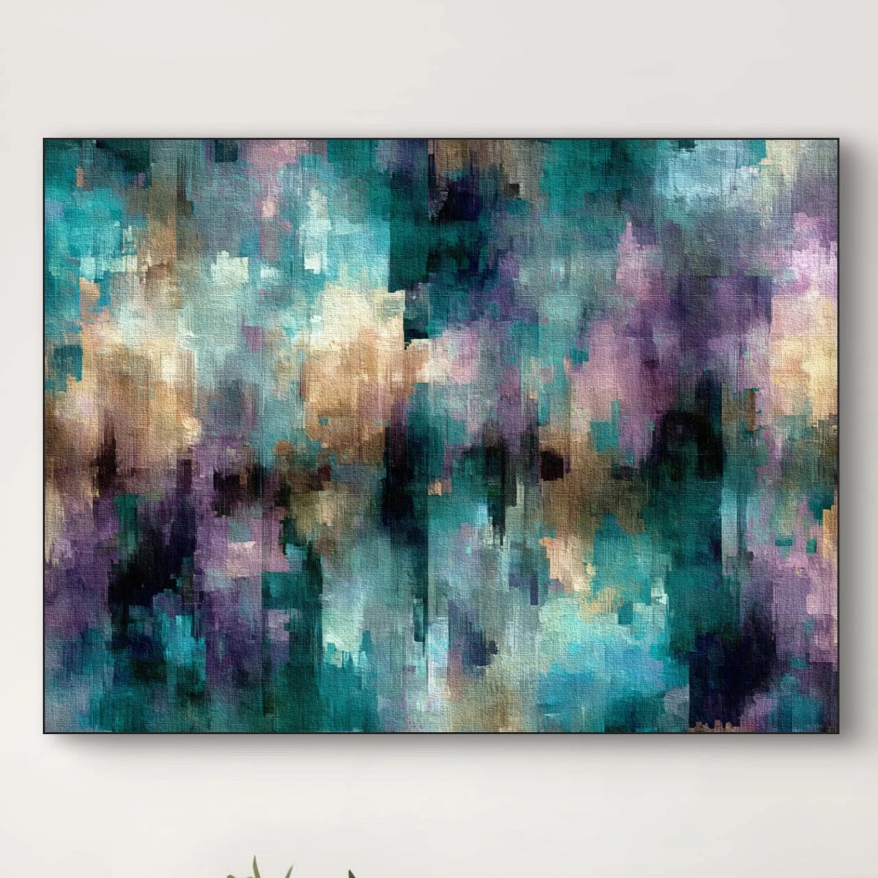 Detail van abstract schilderij met turkoois en paarse kleurvlakken en subtiele gouden accenten
