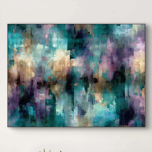 Detail van abstract schilderij met turkoois en paarse kleurvlakken en subtiele gouden accenten
