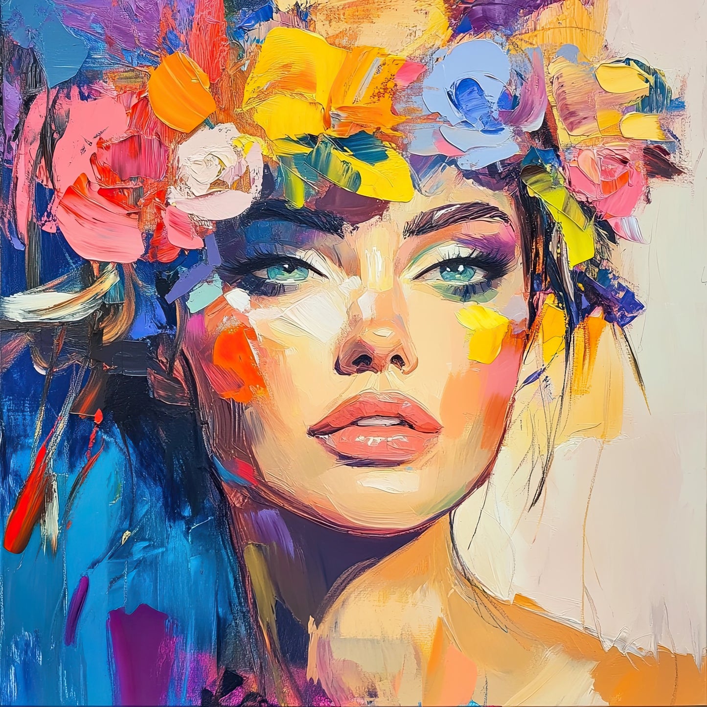 Volledige weergave van Prismatic Allure, vrouw met bloemenkroon en expressieve kleuren op abstracte achtergrond
