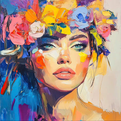 Volledige weergave van Prismatic Allure, vrouw met bloemenkroon en expressieve kleuren op abstracte achtergrond
