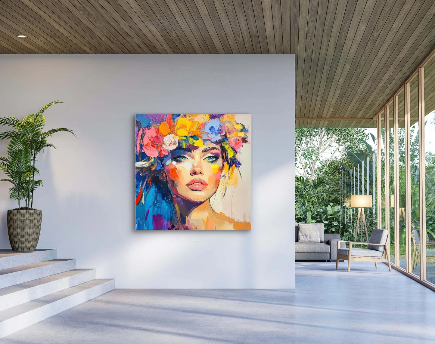 Textielkunstwerk Prismatic Allure in een moderne hal met hoog plafond en uitzicht op tropische tuin
