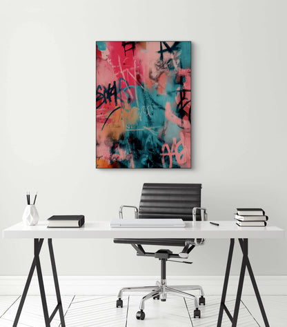 Mock-up van kunstwerk Pulse of Chaos boven een modern bureau met zwarte stoel en witte wand 
