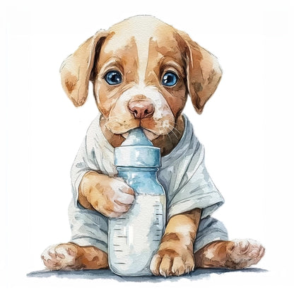 Illustratie van lieve puppy in pyjama met flesje, zittend op een witte achtergrond
