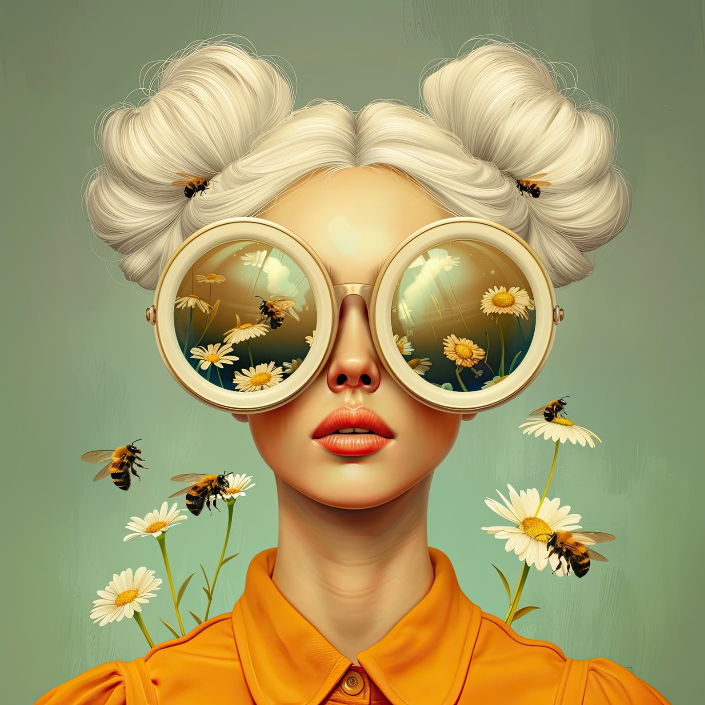 Volledige weergave van Queen Bee, vrouw met licht haar, ronde bril met reflecties van bloemen en bijen
