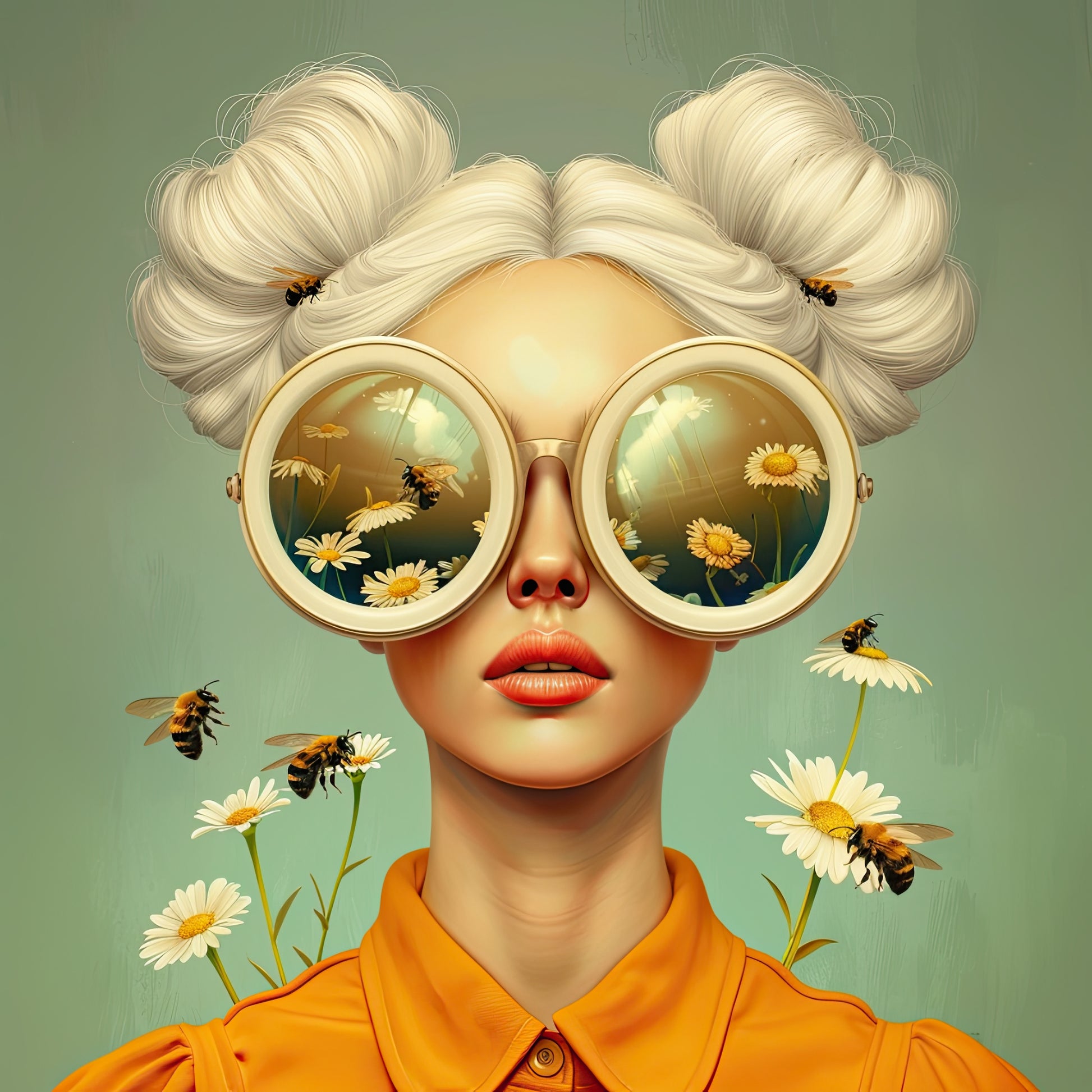 Volledige weergave van Queen Bee, vrouw met licht haar, ronde bril met reflecties van bloemen en bijen
