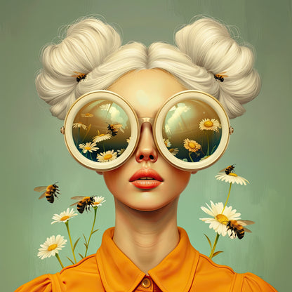 Volledige weergave van Queen Bee, vrouw met licht haar, ronde bril met reflecties van bloemen en bijen
