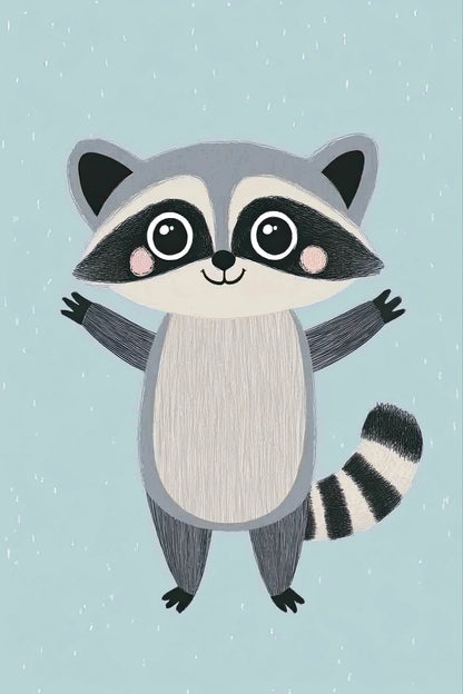 Illustratie van een vrolijke wasbeer met grote ogen en gestreepte staart op een pastelblauwe achtergrond  
