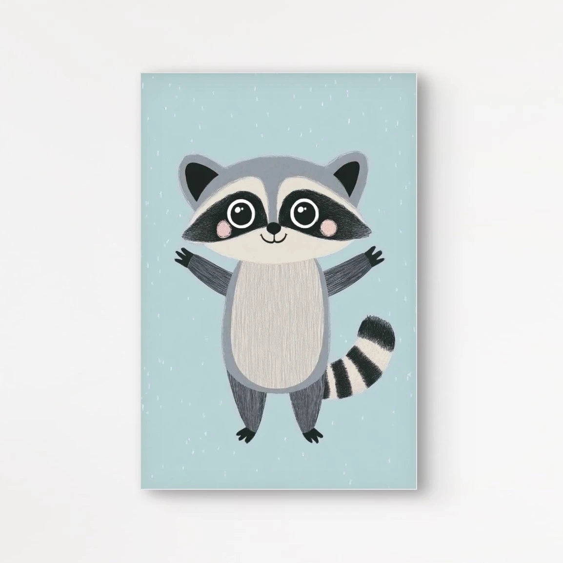 Detail van een lachende wasbeer met uitgestrekte armen op een blauwgroene achtergrond  
