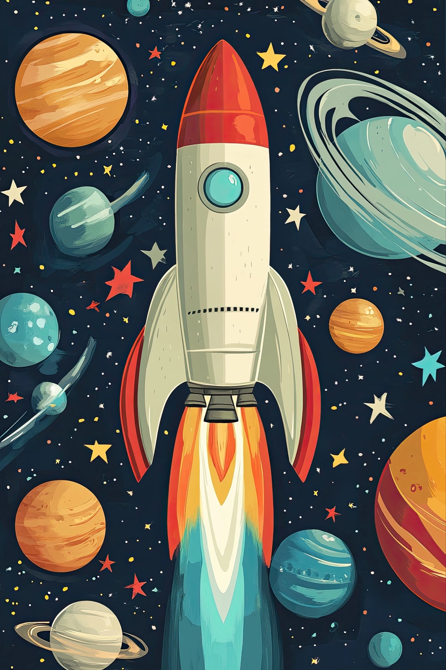 Kleurrijke illustratie van een raket tussen planeten in een fantasierijke ruimtehemel  
