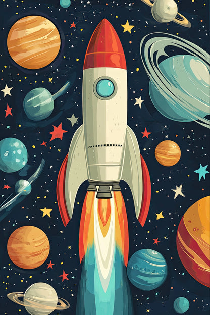 Kleurrijke illustratie van een raket tussen planeten in een fantasierijke ruimtehemel  
