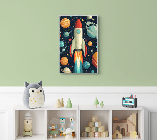 Kinderkamer met groene muur en speelse illustratie van een raket tussen kleurrijke planeten  
