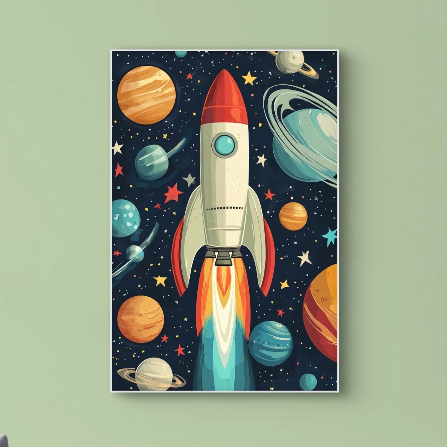 Detail van een raket in retrostijl omringd door planeten en sterren op een donkere achtergrond  
