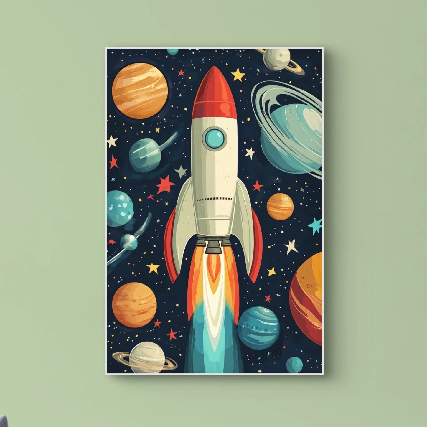 Detail van een raket in retrostijl omringd door planeten en sterren op een donkere achtergrond  
