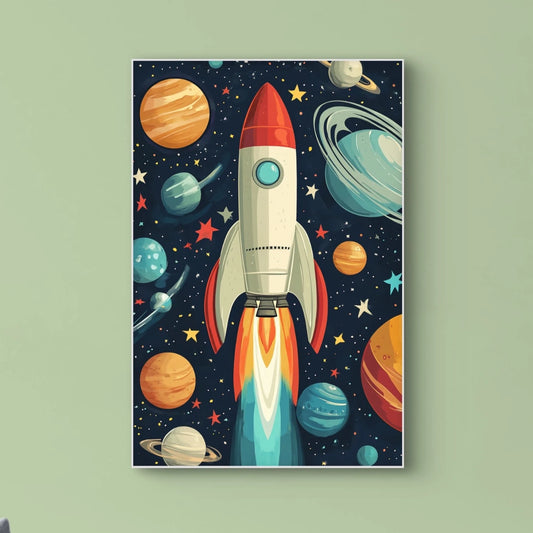 Detail van een raket in retrostijl omringd door planeten en sterren op een donkere achtergrond  
