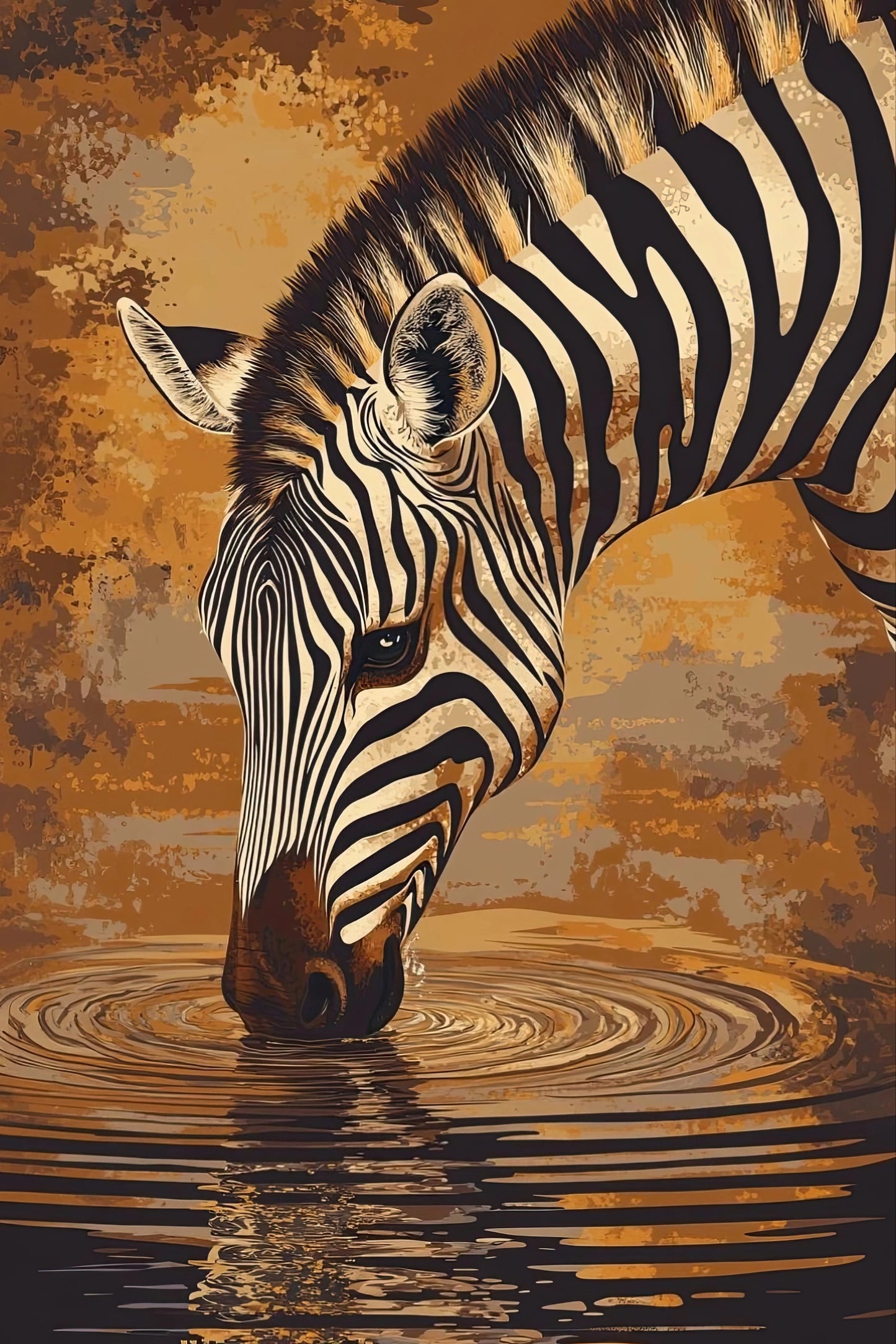 Zebra buigt zich over wateroppervlak met cirkelvormige rimpelingen en warme reflecties
