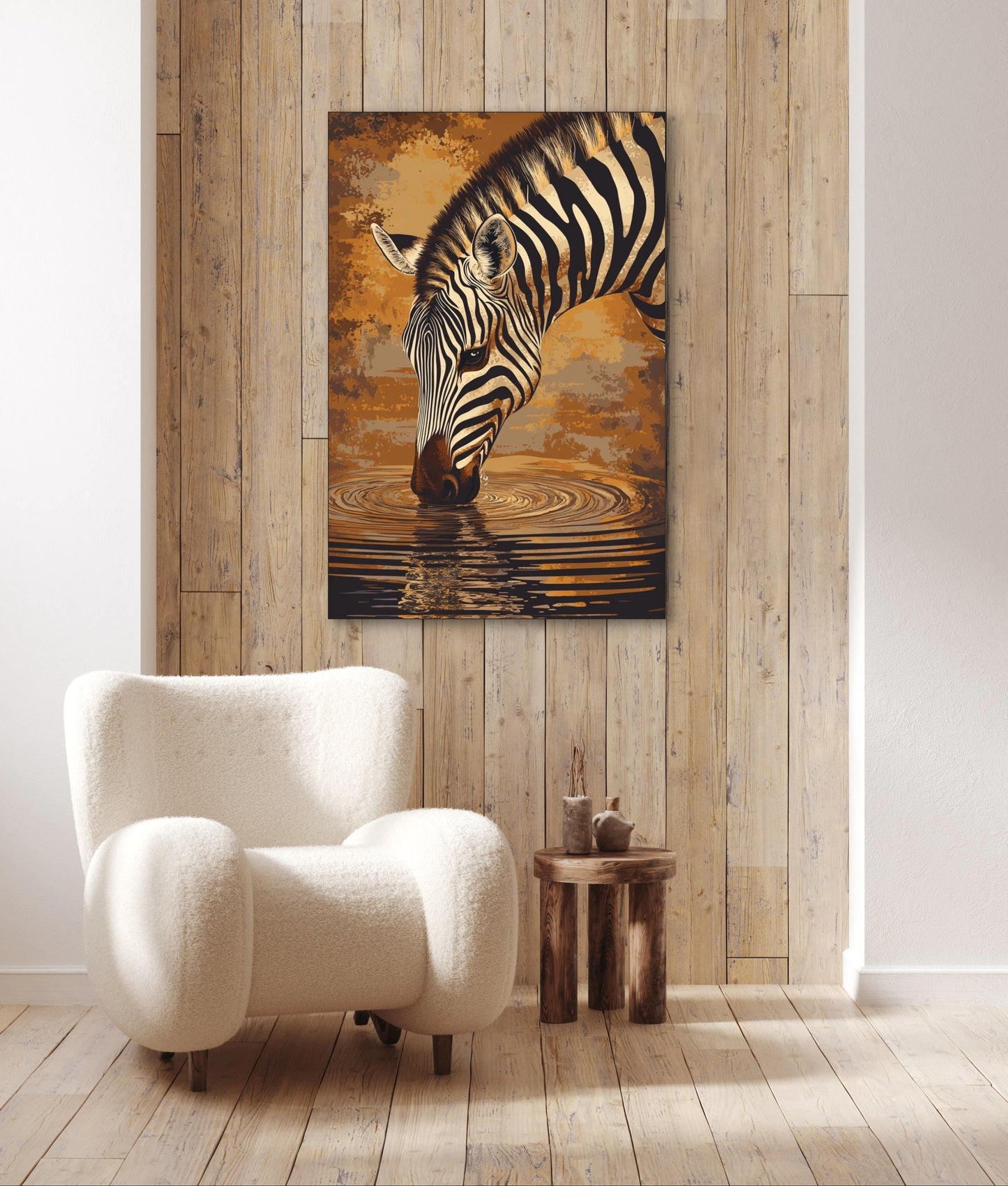 Wandkunst met zebra die uit water drinkt in interieur met houten wand en witte fauteuil