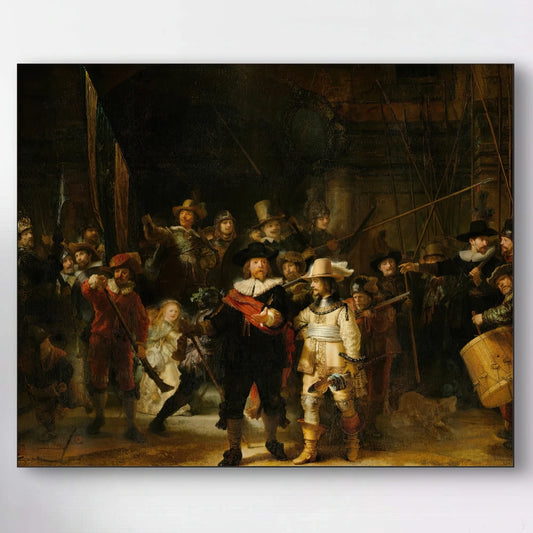 Detail van De Nachtwacht met kapitein, vaandeldrager en schutters in levendige compositie
