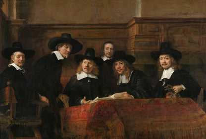 Volledige weergave van “De Staalmeesters” met zes gildeleden aan tafel in donker houten interieur
