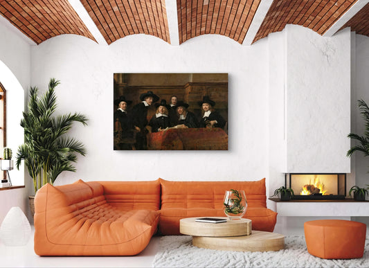 Schilderij “De Staalmeesters” van Rembrandt boven een oranje leren bank in modern interieur met open haard
